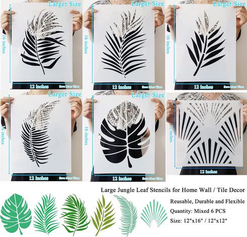Tropical Jungle Leaf Stencils (6 Designs) | 12" x 16" Large Fern Leaf Stencils Palm Leaf Stencils for Painting Floors/Walls/Tiles/Furniture/Fabric...