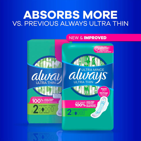 Always Ultra Thin Pads with Wings, Size 2, Long Super, 42 Count...