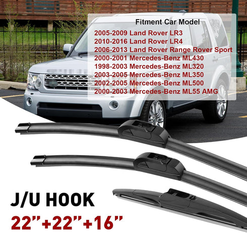22"+22"+16" Windshield Wiper Blades Premium All-Season Silicone Wiper Blade Replacement for Land Rover LR3 2005-2009 LR4 2010-2016 and more car...