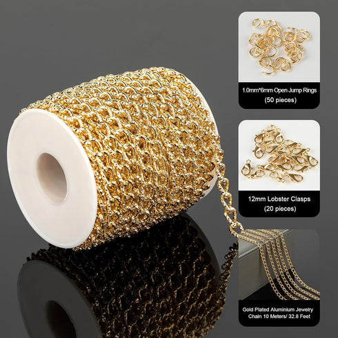 YOUBEIYEE 33 Feet Gold Plated Chain for Jewelry Making Aluminum Embossed Cable Necklace Chain for Women Jewelry Making Supplies...