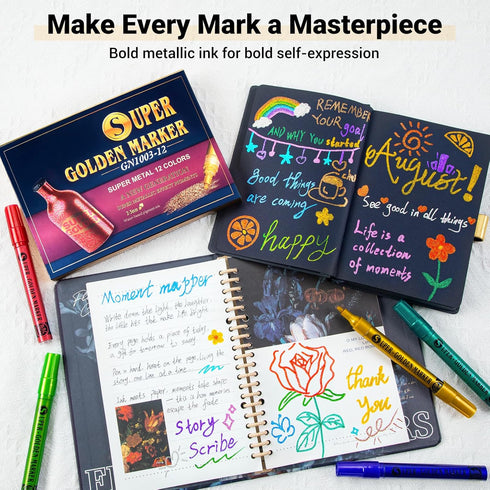 Super Golden Metallic Paint Markers, 12 Colors Sparkle Metallic Glitter Markers, Acrylic Paint Pens for Rock Painting, Glass, Wood, Fabric, Black ...