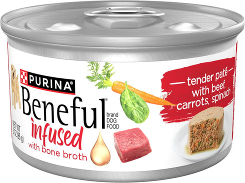 Purina Beneful Infused Wet Dog Food Pate, with Real Beef, Carrots and Spinach, with Bone Broth for Dogs - (Pack of 12) 3 oz. Cans...