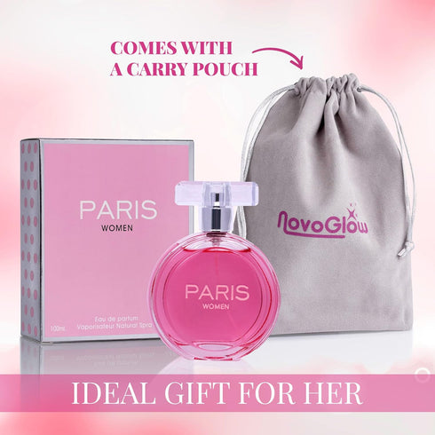 NovoGlow Paris Women- Eau De Parfum Spray Perfume, Fragrance For Women- Daywear, Casual Daily Cologne Set with Deluxe Suede Pouch- 3.4 Oz Bottle- ...