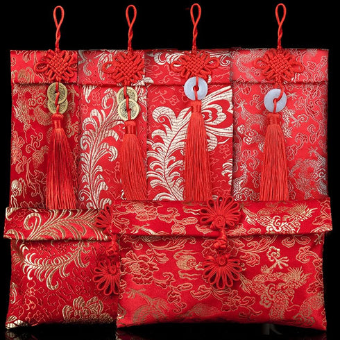 Hying 6 PCS Silk Red Envelope Chinese HongBao Card Envelopes Lucky Money Red Pockets Chinese Red Gift Card Envelopes Gift Wrap Bags with Knot/Copp...