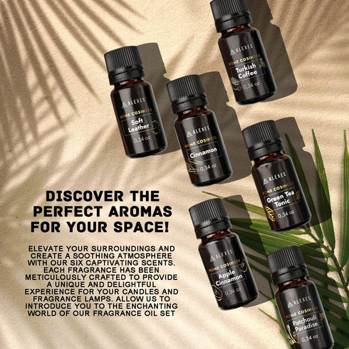 Scented Oil Gift Set - Proffesional Fragrance Oils 6 Pack 10ml - Apple Cinnamon, Turkish Coffee, Patchouli Paradise, Soft Leather, Cinnamon, Green...