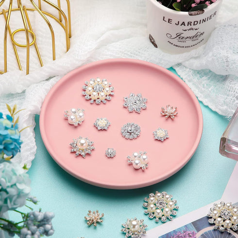 44 Pieces Pearl Rhinestone Brooches Embellishments Buttons Bulk Faux Pearl Flower Rhinestone Buttons for Jewelry Making Decor, 11 Styles (Silver a...