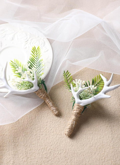 Woodland Boutonniere for Men Set - 2PC Handmade Greenary Corsage for Wedding White Antler Boutonniere for Groom Groomsmen Formal Dinner Party Cere...