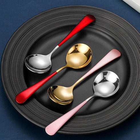 Soup Spoons Stainless Steel 304 Stainless Steel Round Head Spoons Modern Thick Short handle 304 Stainless Spoons Used for Soup, Grain, Dessert, Fr...