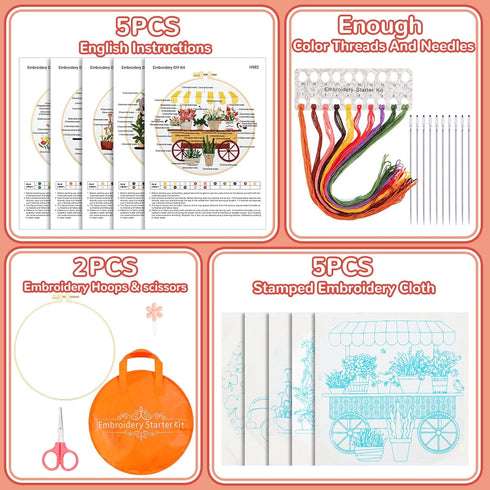 Kigley 5 Sets Embroidery Starter Kit for Adults Plant Lover Gifts for Women Beginners Flower Embroidery Shop Pattern for Kids Cross Stitch Set Nee...