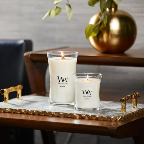 WoodWick Medium Hourglass Candle White Teak - Premium Soy Blend Wax Pluswick Innovation Wood Wick Made in USA...