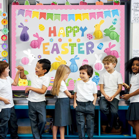 3D Easter Bulletin Board Set Happy Easter Honeycomb Classroom Decoration Easter Egg Rabbit Bunny Cutouts Spring Flower Paper-Cuts for Easter Party...