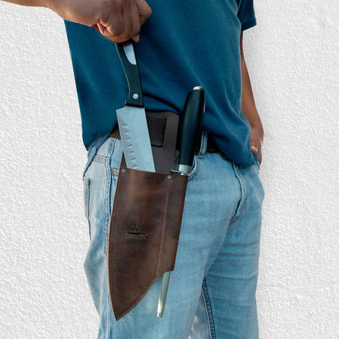 Knife Holster for Belt, Rustic Sleeve for Chef Knife with Knife Sharpener Slot, Rustic Knife Sheath, Full Grain Leather, Handmade, Bourbon Brown...