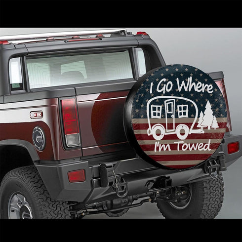 I Go Where I'm Towed American Flag Spare Tire Cover Dust-Proof Universal 16 Inch Wheel Camper Spare Tire Cover Fit for RV Trailer Truck Jeep SUV R...