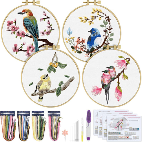 ERKOON 4 Sets Embroidery Kit for Beginners, Art Craft Handy Sewing Set Hummingbird and Flower Cross Stitch Starter Kits, DIY Embroidery Kits with ...