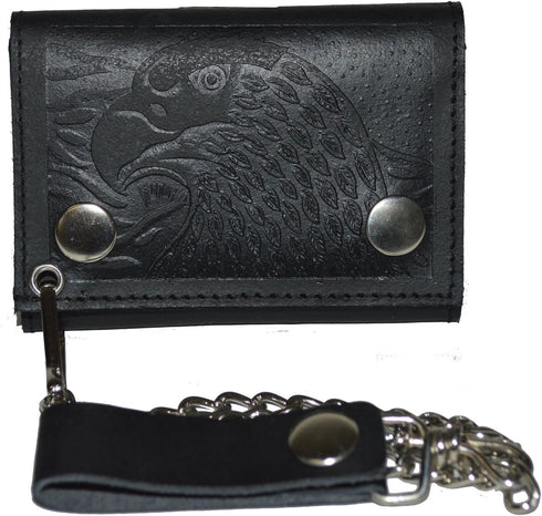 BLACK GENUINE LEATHER Trifold Biker's Eagle Wallet ID Card Holder With Chain...