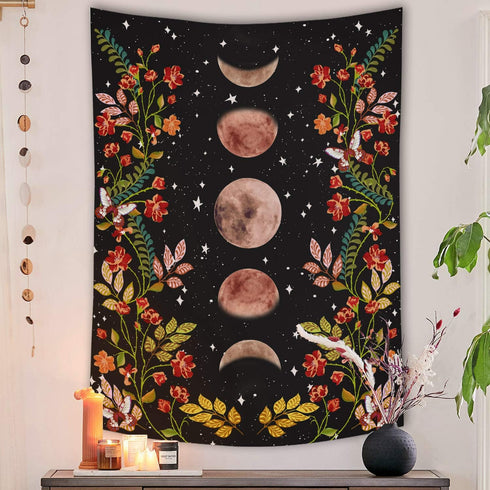 Lifeel Moonlit Garden Tapestry, Moon Phase Surrounded by Vines and Flowers Black Wall Decor Tapestry 60×80 inches...