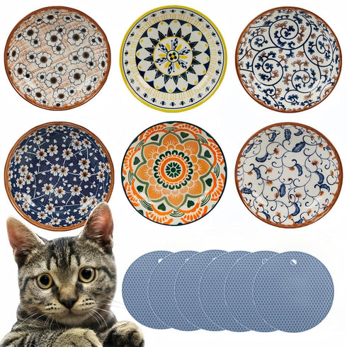 Cat Food Bowls Whisker Fatigue Cat Bowl 5.5 Inches Ceramic Cat Bowl Set of 6 Small Cat Dishes for Indoor Cats Shallow Cat Plates for Wet Food Cute...