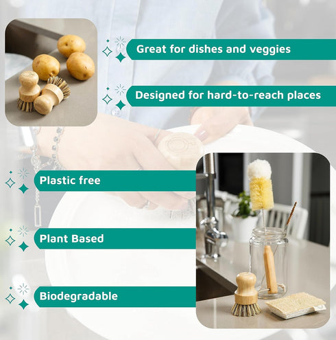 Bamboo Dish Brush Set, Complete Sustainable & Compostable Sponge and Scrubber Set, Eco Friendly Cleaning Products, Bamboo Cleaning Brush, Wooden K...