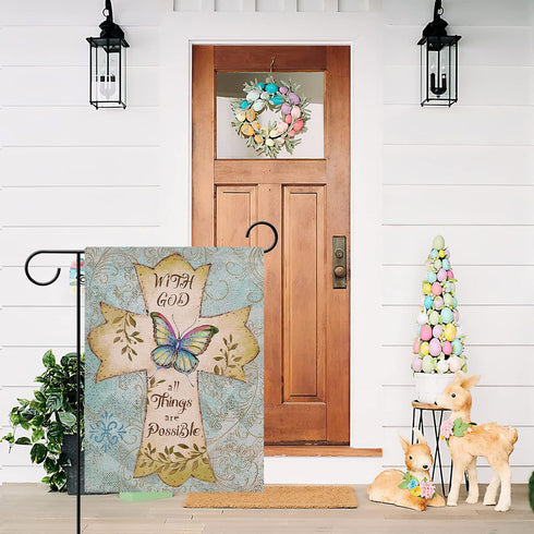 Easter Decorative 12 x 18 Religious Garden Flag Cross Double Sided Christian Faith, with God All Things are Possible Burlap Yard Decoration, Butte...