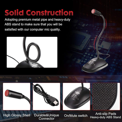USB Computer Microphone, Plug&Play Cardioid Condenser PC Laptop Mic, On/Off and Mute Buttons with LED Indicator, Compatible with Windows/Mac, Idea...