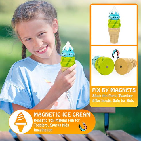 Bravmate Wooden Montessori Toys for 1 2 3 Years Old Kids, Realistic Burger & Ice Cream Toy, Stacking & Pretend Play for Little Chef, Preschool Pla...