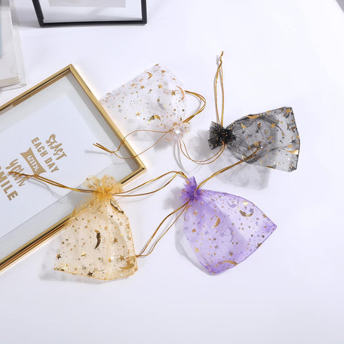J&Rey Home Valentine's Day 100 pcs Moon And Star Design Small Gift Jewelry Organza Decorative Bags With Drawstring For Party (3.5"x4.75", Lavender...