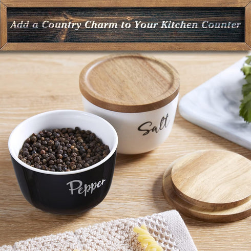 Salt and Pepper Bowls, 10 oz Salt Cellar with Lid, Stacked Ceramic Salt Pepper Container with Acacia Wood Lid, Salt Box for Countertop, Black and ...