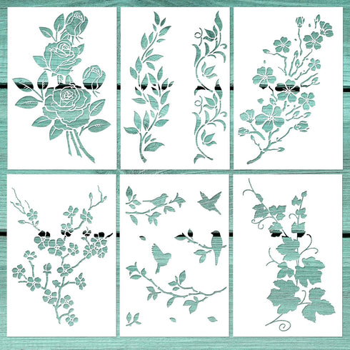 6 PCS Vine Leaf Rose Stencil Cherry Blossom Stencil Bird Tree Branch Stencils Reusable Floral Flower Stencils for Painting on Wood Furniture Canva...
