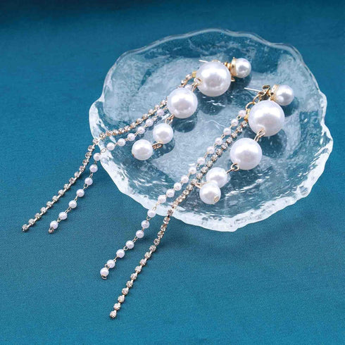 Long Pearl Tassel Drop Earrings Vintage Gold Tiny Crystal Pearl Dangle Earrings Rhinestones Tassel Dangle Pearl Statement Earrings Prom Earrings J...