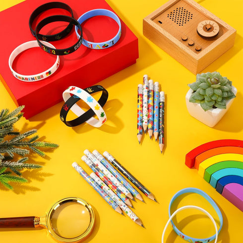 Whaline 24 Pack Autism Awareness Pencils Bracelets Sets Inspirational Silicone Wristbands Short Pencils Colorful Half Pencils Stretchy Bracelets f...