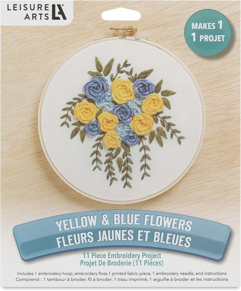LEISURE ARTS Embroidery Kit 6" Yellow & Blue Flowers - embroidery kit for beginners - embroidery kit for adults - cross stitch kits - cross stitch...