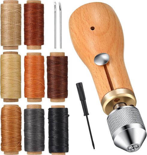 WILLBOND 12 Pcs Sewing Awl Kit Portable Leather Including Handheld Sewing Repair Awl Straight and Bent Needles and 8 Rolls Waxed Threads with Smal...