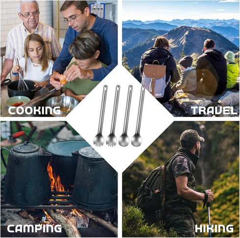 4 Pieces Titanium Long Handle Spork and Spoon 8.4 Inch Ultralight Portable Flatware Lightweight Soup Spoon Camping Spork Utensil for Outdoor Campi...