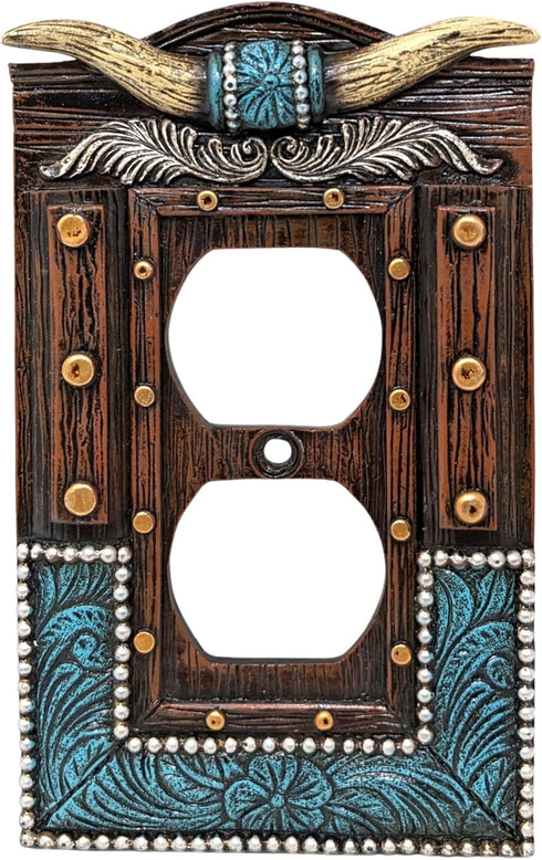 BestGiftEver American Western Home Decor Outlet Cover - Faux Horns and Tooled Leather-inspired Double Outlet Plate Cover- Southwestern Native Indi...