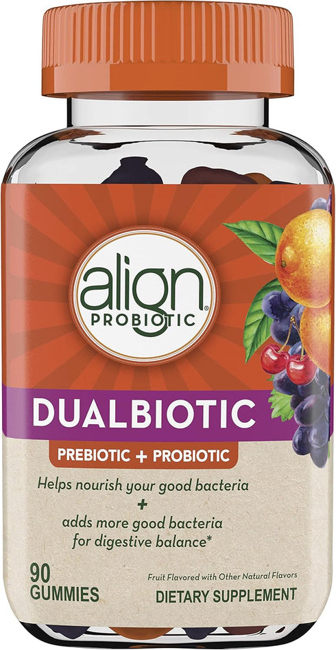 Align DualBiotic, Prebiotic + Probiotic for Women and Men, Help Nourish and Add Good Bacteria for Digestive Support, Natural Fruit Flavors, 90 Gum...