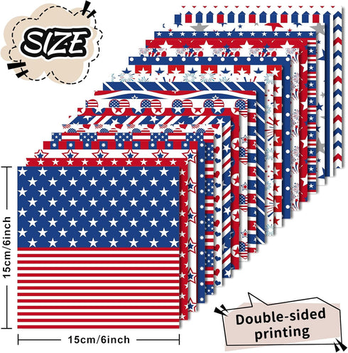Whaline 40 Sheets Patriotic Pattern Paper Star Fireworks Stripe Scrapbook Specialty Paper 4th of July Double Sided Craft Paper for Independence Da...