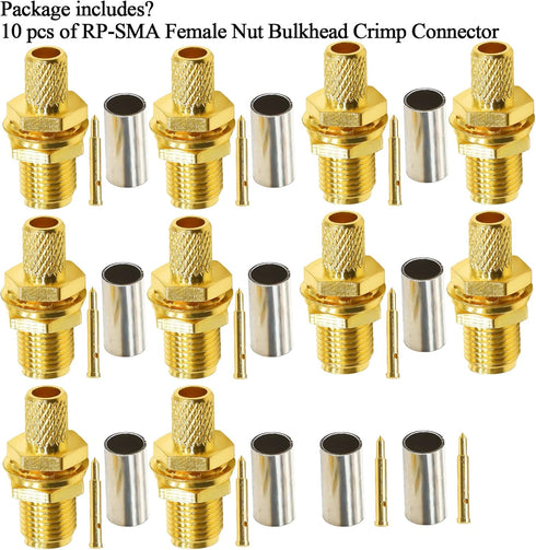 TUOLNK RPSMA Coax Connector RP SMA Female Crimp Coaxial Adapter RP-SMA Female Bulkhead Converter for RG58 RG142 Coaxial Cable 10pcs...