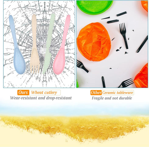 Knives Spoons and Forks Set, Wheat Straw Cutlery Set, Reusable Flatware Set for 8, Utensils for Party, Travel, Work, Picnic, Camping or Daily Use...