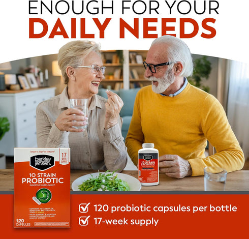 Berkley Jensen Natural 10 Strain Probiotic Supplement Capsules with 10mg B. Longum, Loaded with Live Strains & Beneficial Gut Flora, for Digestive...