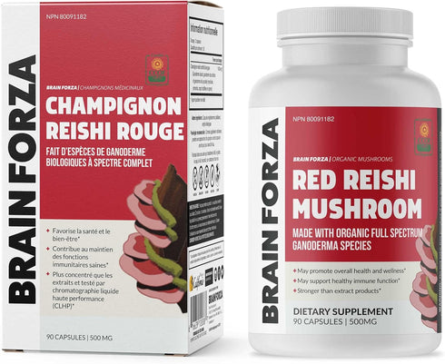 Brain Forza Organic Red Reishi Mushroom Capsules, Adaptogenic Mushroom Powered Immune Support, Heart and Cardiovascular Health, General Wellness a...