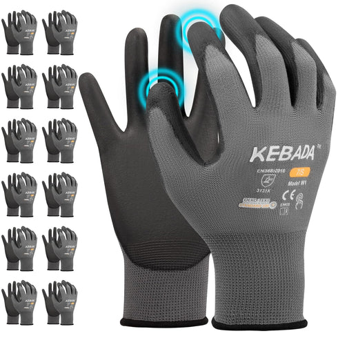 W1 Work Gloves for Men and Women,Touchscreen Working Gloves with Grip,12 Pairs Bulk Pack Mechanic Gloves,PU Coating on Palm & Fingers,Breathable M...