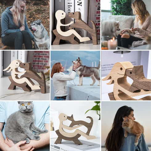 BOBO BIRD Wooden Dog Cat Family Statue, Handmade Wood Decoration, Cute Puppy, Kitty and People Statue Sculpture Ornament Collectible Figurine Craf...