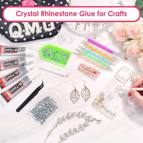 B7000 Glue Clear for Rhinestones, 4 Pcs 25mL B-7000 Jewelry Bead Gem Glue with Flatback Clear Rhinestones, Tweezer Dotting Rhinestone Tool for Clo...