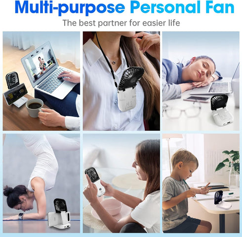 Upgraded 5-in-1 Portable Handheld Fan, Necklace Fan, Mini Desk Fan, Foldable Phone Stand, Emergency Backup Power, Quiet USB Rechargeable Personal ...