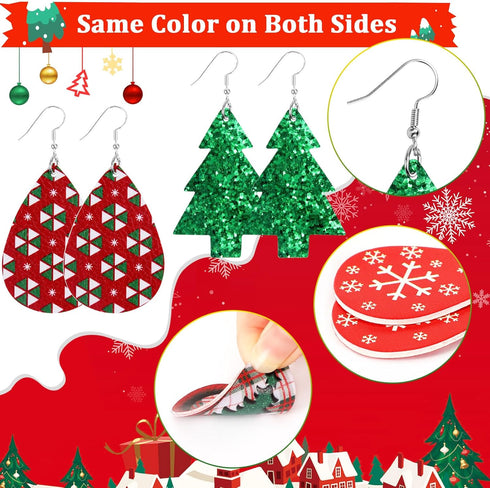 AUGSUN Christmas Earrings for Women, 9 Pairs Christmas Faux Leather Earrings Lightweight Leaf Long Dangle Earrings Teardrop Earrings for Christmas...