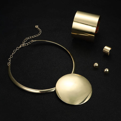 Sanfenly Statement Chunky Jewelry Set Choker Earrings Bracelet Ring Gold Silver Plated Round Pendant Necklace Nigerian Costume Party African Jewel...