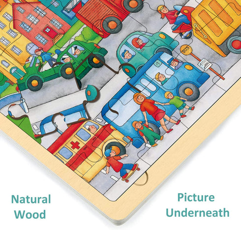 Wooden Puzzle for 3 Year Old with Picture Underneath, 24 Piece Puzzles for Kids Ages 3-5 Traffic Theme, Unique Shape Jigsaw Pieces Preschool Toddl...