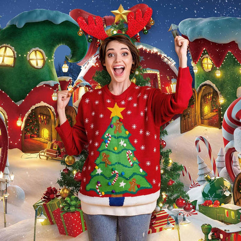 Funnytree 7x5FT Cartoon Christmas Village Photography Backdrop Winter Snow Pine Tree Background Xmas Fairy Tale Animated Kid Party Photo Booth Ban...