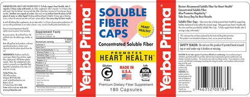Yerba Prima Soluble Fiber Formula Capsules, 180 Count - Premium Dietary Fiber Supplement, Natural, Concentrated Soluble Fiber, Gluten Free, Non-GM...