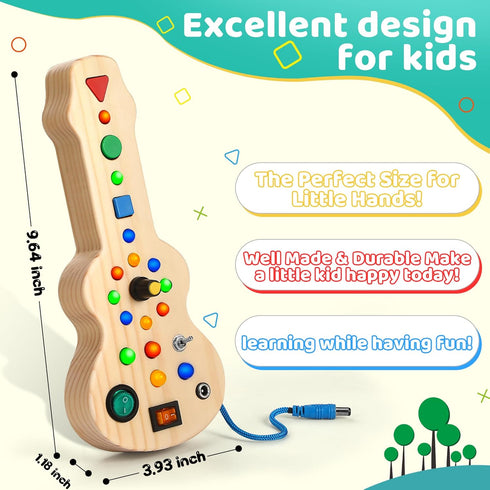 Montessori Toddler Busy Board Toy Busy Board with 15 LED Light Wooden Guitar Busy Board Toy Sensory Toy Light Switch Toy for Toddler and Baby...